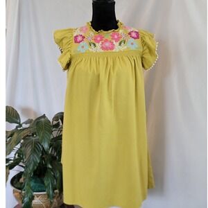 Floral Embroidered Babydoll Mini Dress Pom Pom Flutter Sleeve Greenish Yellow
